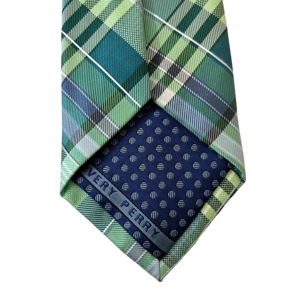 Perry Ellis Portfolio‎ Green Plaid Necktie Business Formal Vintage Polka Dot